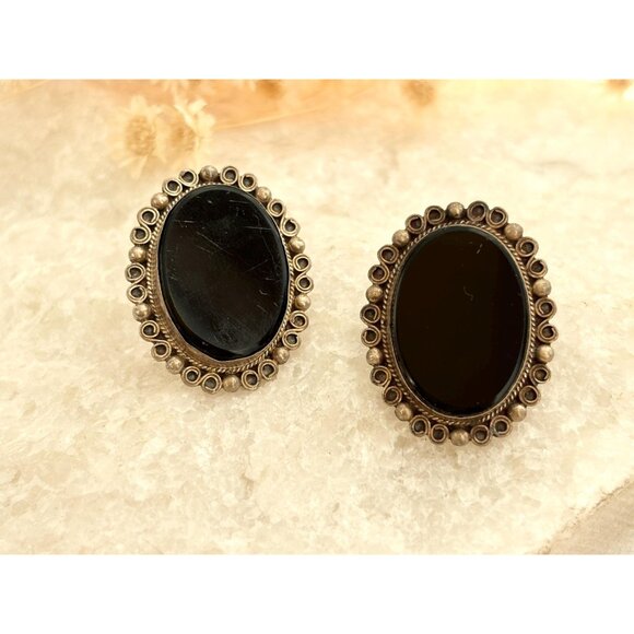 Taxco Mexico Black Onyx Screw Back 925 Sterling Silver Vintage Stud Earrings - Picture 2 of 13
